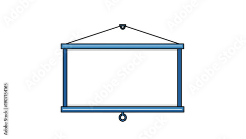 Blank white projector screen hanging from a blue frame is ready for presentations, movie nights, or displaying information in office and school settings.