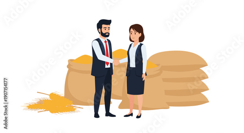 A businessman and businesswoman are shaking hands firmly while standing amidst large sacks of grain and scattered wheat on the ground.