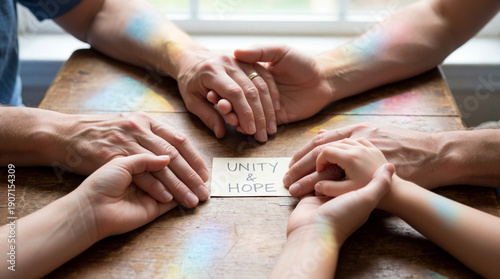 Hands joined together around unity and hope message. Diverse family holding hands on wooden table with rainbow light reflections. Community and support concept