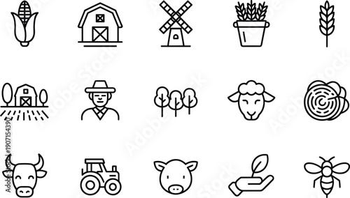 Linear vector icon set for agriculture and farming featuring corn barn windmill wheat field farmer sheep cabbage cow tractor pig and honey bee