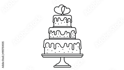 Simple black and white outline of a three tiered wedding cake with hearts on top represents love, marriage celebrations, and festive dessert traditions.