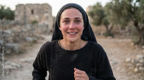 Classic biblical scene of Mary Magdalene running from the tomb to proclaim Jesus' resurrection