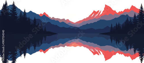 Layered mountain silhouettes reflect perfectly in dark blue water under a bright white sky in a minimalist design.