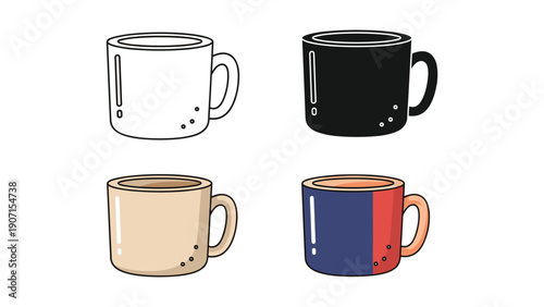 Coffee mug or cup icons in multiple styles: outline, silhouette, and colored.