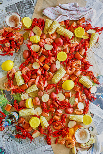 seafood boil with fresh shrimp, crawfish, potatoes, and corn