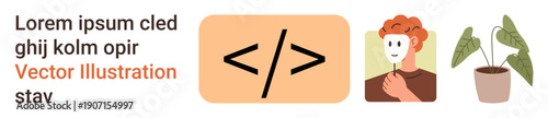 Web development, identity, self-expression, tech concepts, lifestyle decor, personal growth. Features coding symbol, person with a mask and potted plant. Web development and identity