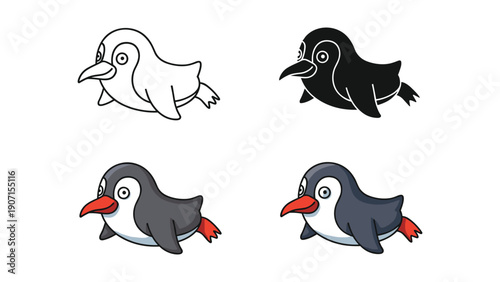Cute Cartoon Penguin with Red Beak and Flippers in Different Styles