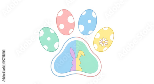 Colorful easter bunny paw print with decorated eggs on easter