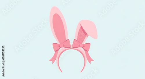 Pink bunny ears headband with bow on light blue background for easter or spring themed party or celebration decorations easter