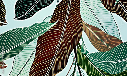 Colorful tropical leaf line art veins pattern background. floral design.