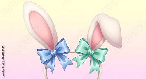 Adorable bunny ears with blue and green bows on pastel background for easter or spring themed designs and decorations easter