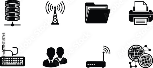 Set of vector silhouette design icons for business communication and technology bundle
