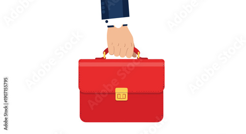 A man's neatly dressed hand, with a crisp white cuff, firmly grips the sturdy handle of a bright red business briefcase.