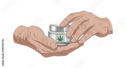 Two human hands are gently cradling a small silver-lidded jar labeled with a cannabis leaf, presumably containing cream.
