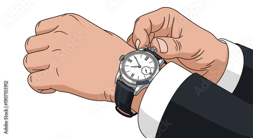 A man's hands, wearing a formal suit jacket and white cuff, are carefully adjusting a classic analog wristwatch.