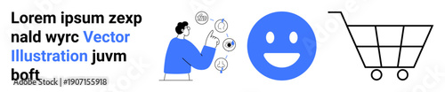 Online shopping, digital communication, e-commerce trends, customer interaction, technological tools, virtual experience. Person pointing at icons, happy face and shopping cart symbol. Online