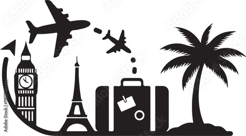 Illustration of travel icons including an airplane, landmarks, and a palm tree