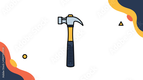 Claw hammer tool with a black and yellow handle set against abstract background shapes for construction and home repair related concepts.