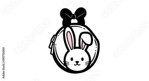 Cute cartoon bunny face on a round black purse with a bow easter