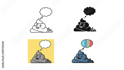 Happy Poop Character with Thought Bubble and Colorful Variations