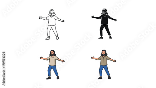 Man with beard, arms outstretched in welcome gesture, available in outline, silhouette, and full color vector styles.