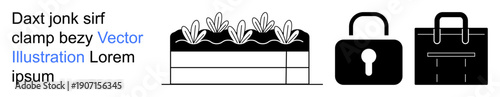 Data security, business, organic planting, protection, lock icon, gardening. a garden bed with plants, a padlock and a briefcase. Data security and business concepts