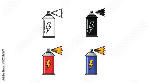 Energetic Spray Paint Can Icons: Line Art, Silhouette, and Red/Blue Color Variations