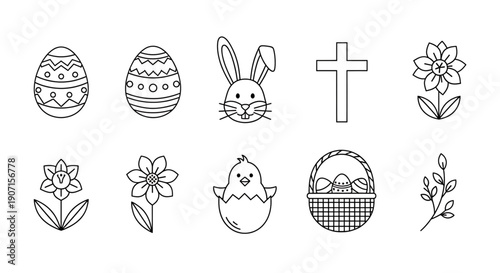 Easter icons including eggs, bunny, cross, flowers, and basket with eggs on easter