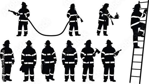 Silhouette illustration of firefighters in protective gear performing emergency tasks with hoses, ladders, extinguishers, teamwork, and rescue actions