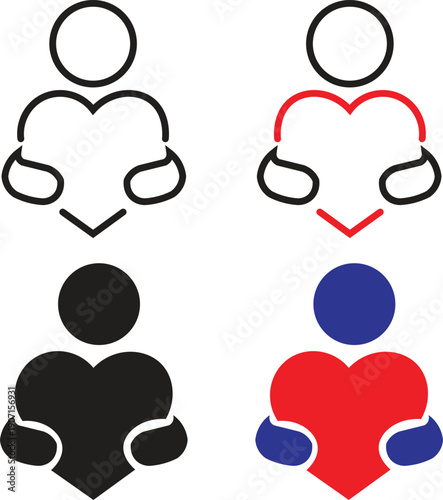 Person holding heart icon, love care symbol, charity support vector, healthcare heart symbol, emotional support, social service icon, humanitarian aid symbol