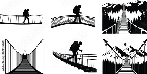 Silhouette illustration of hikers crossing suspension bridges in natural landscapes, showcasing outdoor adventure, travel, exploration, and engineering design