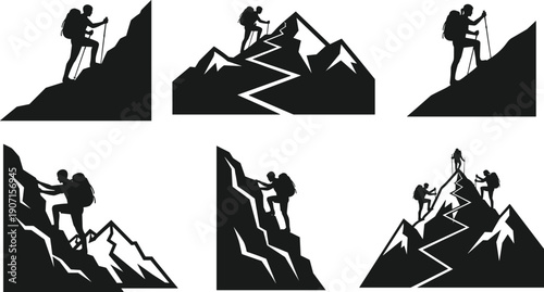 Silhouette illustration of mountain climbers ascending peaks with gear, backpacks, hiking poles, teamwork, adventure, and outdoor exploration