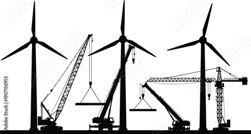 Silhouette illustration of wind turbine construction with cranes, renewable energy infrastructure, maintenance equipment, and sustainable power development scene