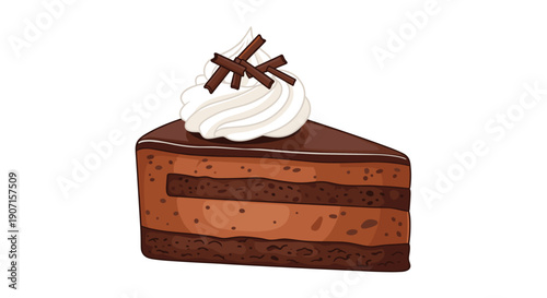 A tempting slice of multi-layered chocolate cake with frosting is topped with chocolate shavings and a dollop of whipped cream.