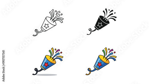 Party popper icons with confetti and streamers in outline, silhouette, and festive colored designs.