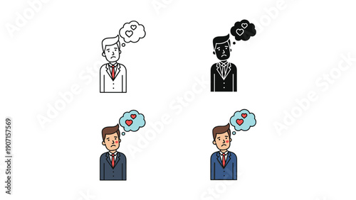 Man in Suit Thinking of Hearts, Sadness and Love, Icon Set
