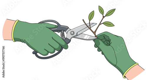 Two gloved hands are carefully using pruning shears to cut a small branch adorned with fresh green leaves.