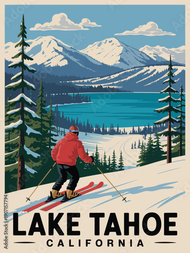 Lake Tahoe poster, vintage California winter ski landscape with alpine lake art