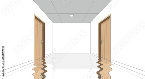 Empty white office hallway has two closed wooden doors, an illuminated ceiling light, and a uniquely reflective wavy floor.