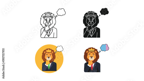 Thoughtful businessman lion illustration set: outline, silhouette, and color, symbolizing leadership, strategy, and big ideas.