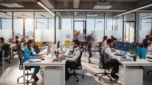 Modern Open-Plan Office Workspace - This video showcases a modern, sleek open-plan office with employees working at their desks.