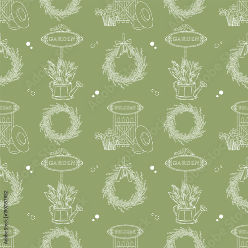Seamless vector pattern with gardening attributes. Spring background with garden elements, watering can, fence, flowers, and wreaths on a green background. Vector outline illustration. Easter theme.
