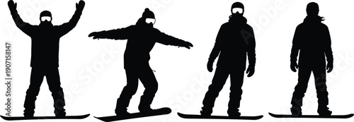 Snowboarder silhouettes showing different riding poses, winter sports action collection, snowboarding lifestyle concept, isolated black figures on white background