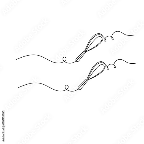  Kitchen whisk, continuous one-line drawing on a white background