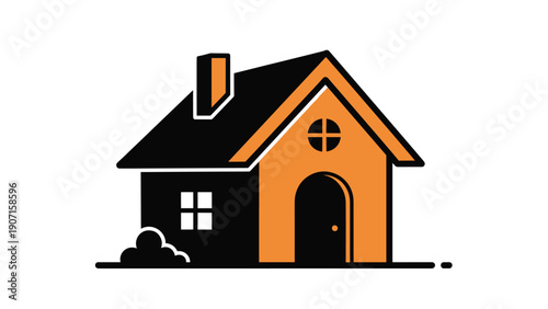 Minimalist house icon with a black roof and orange walls symbolizing home and real estate and residential property in modern graphic design.