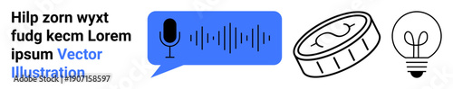 Speech recognition, fintech, innovation, data flow, user interface, tech solutions. Blue speech bubble with microphone, coin and light bulb icons. Voice recognition and fintech concept