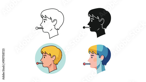 Man with thermometer in mouth, vector illustration for illness, fever, or health check