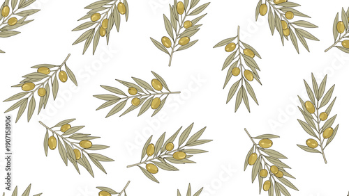 Seamless pattern featuring multiple olive branches with green fruit and leaves on a white background for Mediterranean textile designs.