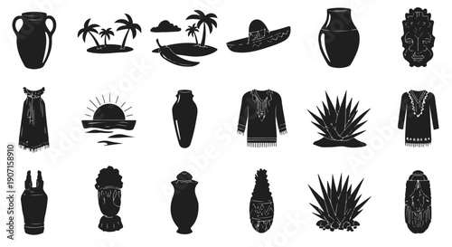 Collection of Mexican cultural icons and travel symbols including traditional clothing, ancient artifacts, tropical landscapes, and indigenous art elements