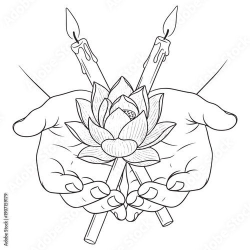 Black and white line illustration of hands holding lotus flowers and candles for Vesak Buddha Purnima.